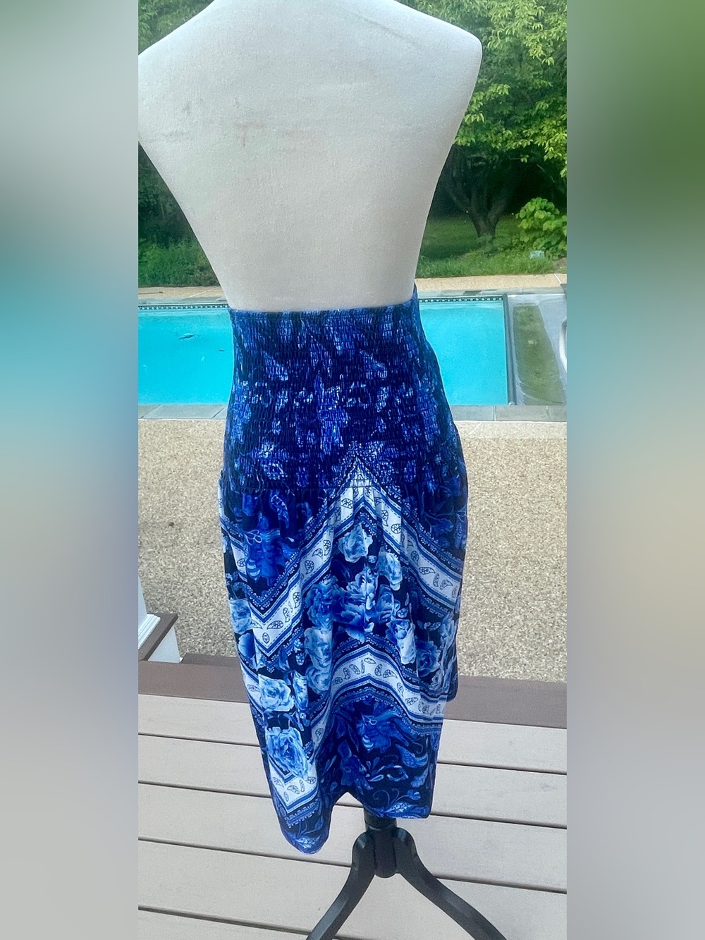 Blue Floral Strapless Smocked Convertible
Mini Dress or Midi Skirt. Medium. - Picture 4 of 5